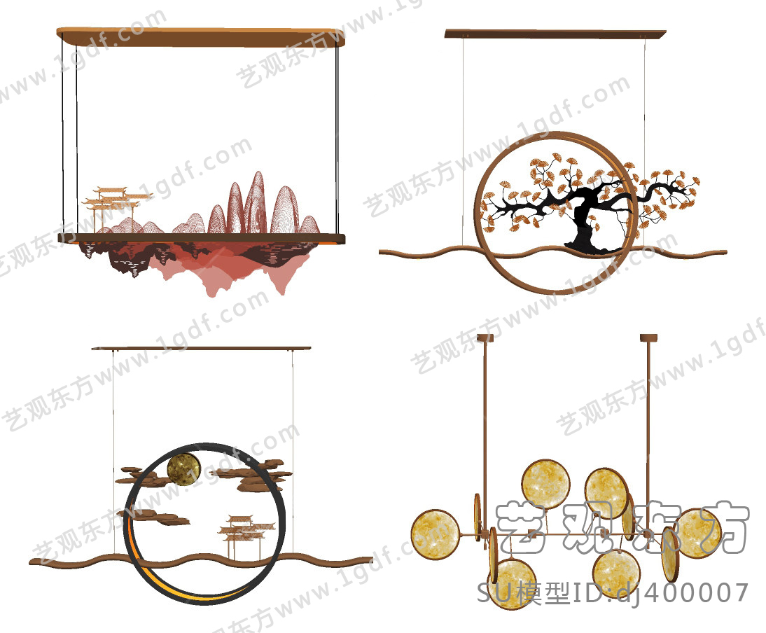 新中式禅意吊灯su模型下载