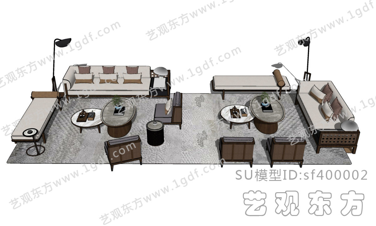 新中式沙发茶几组合su模型下载