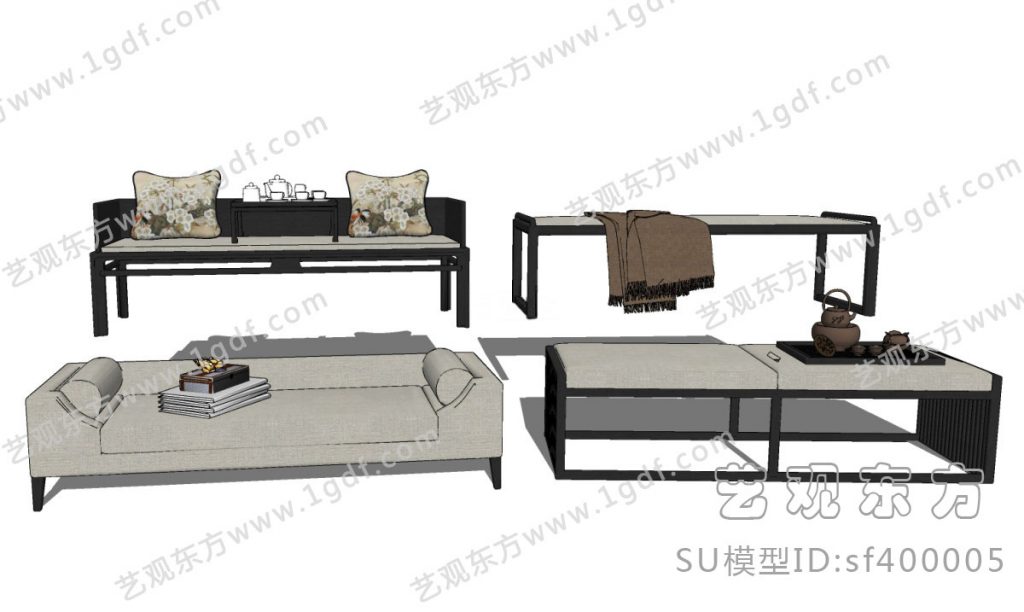 新中式沙发，新中式床尾凳组合su模型下载