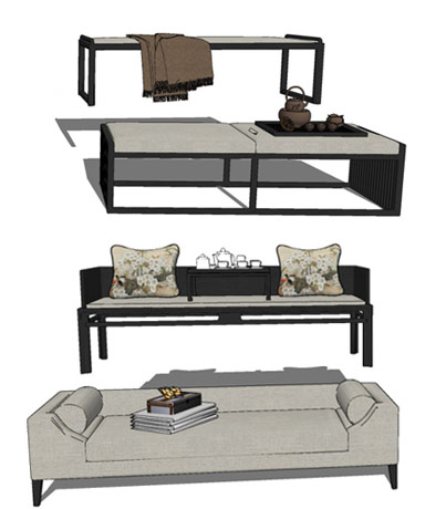 新中式沙发，床尾凳组合SU模型