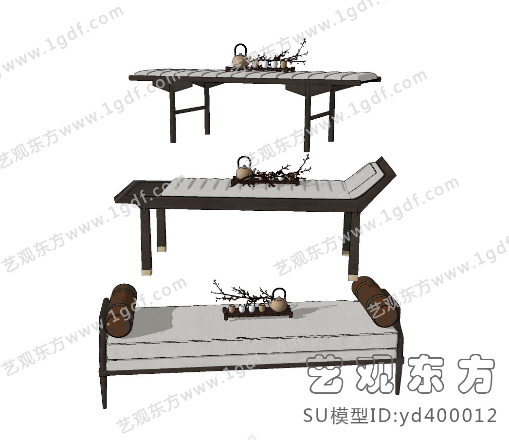 新中式床尾凳su模型下载